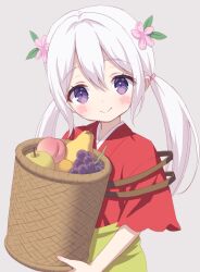 Rule 34 | 1girl, apple, basket, blush, chitosezaka suzu, closed mouth, commentary request, facial mark, flower, food, fruit, grapes, green apple, grey background, hair between eyes, hair flower, hair ornament, highres, japanese clothes, kimono, long hair, looking at viewer, low twintails, original, peach, pink flower, purple eyes, red kimono, short sleeves, simple background, skirt, smile, solo, twintails, white hair, wide sleeves, yellow skirt