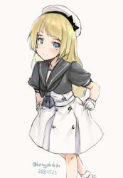 Rule 34 | 1girl, blonde hair, blue eyes, blue sailor collar, dated, dress, feet out of frame, gloves, hand on own hip, hat, jervis (kancolle), kangoku kou, kantai collection, long hair, looking at viewer, sailor collar, sailor dress, sailor hat, short sleeves, simple background, solo, twitter username, white background, white dress, white gloves, white hat