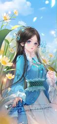 Rule 34 | 1girl, artist request, blue eyes, blue sky, braid, brown hair, cloud, collar, douluo dalu, flower, frilled collar, frilled sash, frills, glowing, glowing petals, highres, holding, holding clothes, holding skirt, long hair, long sleeves, ning rongrong (douluo dalu), parted lips, petals, sash, second-party source, skirt, sky, solo, teeth, tiara, twin braids, upper body, white flower