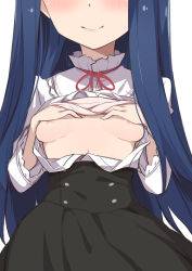 Rule 34 | 1girl, blouse, blue hair, blush, breasts, covering privates, covering breasts, frills, hands on own chest, head out of frame, high-waist skirt, highres, idolmaster, idolmaster cinderella girls, long hair, morisobo, neck ribbon, nipples, open clothes, open shirt, ribbon, sajo yukimi, shirt, skirt, small breasts, smile, white background