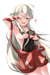 Rule 34 | absurdres, ahoge, apron, apron tug, arm up, armpits, baggy shorts, blush, breasts, chiya (urara meirochou), green hair, hair between eyes, hand on forehead, highres, hot, long hair, looking at viewer, one eye closed, open mouth, qndebaser, sideboob, simple background, small breasts, sweat, translation request, urara meirochou, white background, yellow eyes