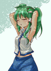 Rule 34 | 1girl, adapted costume, alternate hairstyle, armpits, arms behind head, bare arms, closed eyes, frog hair ornament, green hair, hair ornament, highres, kochiya sanae, long hair, midriff, naegi (naegidokoro), navel, open mouth, ponytail, shirt, simple background, skirt, skirt set, sleeveless, sleeveless shirt, solo, sweat, touhou