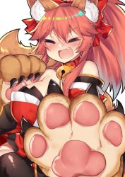 Rule 34 | 10s, 1girl, alternate color, animal ear fluff, animal ears, animal hands, bell, bow, breasts, claws, closed eyes, collar, fang, fate/extra, fate/grand order, fate (series), fox ears, fox tail, hair bow, japanese clothes, large breasts, neck bell, open mouth, osiimi, pink hair, simple background, smile, solo, tail, tamamo (fate), tamamo cat (fate), tamamo cat (first ascension) (fate), tamamo no mae (fate/extra), white background, yellow eyes