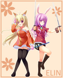 Rule 34 | 2girls, ahoge, animal ears, bare shoulders, black footwear, black legwear, blonde hair, blush, boots, breasts, closed mouth, collarbone, dog ears, dual wielding, elin, full body, highres, holding, holding sword, holding weapon, knee boots, long hair, looking at viewer, looking away, medium breasts, multiple girls, open mouth, psyche3313, purple eyes, purple hair, rabbit ears, red eyes, small breasts, smile, standing, sword, tera online, thighhighs, weapon