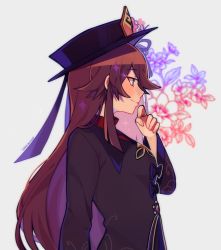 Rule 34 | 1girl, black hat, brown hair, chinese clothes, from side, genshin impact, hat, highres, hu tao (genshin impact), long hair, looking to the side, savi (byakushimc), solo