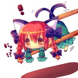 Rule 34 | !, 1girl, animal ears, bow, braid, cat ears, cat girl, cat tail, chibi, chocolat (momoiro piano), chopsticks, extra ears, female focus, hair bow, kaenbyou rin, lifting person, mini person, minigirl, multiple tails, red eyes, red hair, solo, tail, touhou, twin braids, twintails