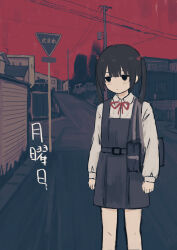 Rule 34 | 1girl, absurdres, bag, bow, collared shirt, cowboy shot, dress, hair bow, highres, house, long sleeves, medium hair, neck ribbon, original, outdoors, pinafore dress, power lines, ribbon, road sign, shirt, shoulder bag, sign, sleeveless, sleeveless dress, solo, toyono saki, translation request, twintails, utility pole, white shirt