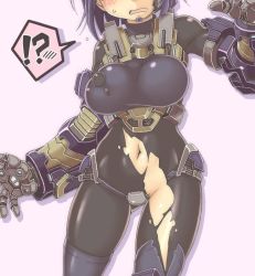 Rule 34 | 1girl, armor, black leotard, blush, bodysuit, breasts, faceless, faceless female, large breasts, leotard, light, makino himeko, mechanical arms, mhjk, microphone, navel, open mouth, oteruko (wanabeee), power armor, purple hair, red eyes, short hair, single mechanical arm, surprised, tagme, torn clothes