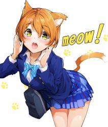 Rule 34 | 1girl, animal ear fluff, animal ears, bag, blazer, blue bow, blue bowtie, blue skirt, bow, bowtie, cat ears, cat tail, commentary request, hair between eyes, highres, hoshizora rin, jacket, kemonomimi mode, looking at viewer, love live!, love live! school idol project, nakano maru, open mouth, orange hair, paw print, paw print background, plaid, plaid skirt, school uniform, shirt, short hair, simple background, skirt, solo, striped bow, striped bowtie, striped clothes, striped neckwear, tail, white background, white shirt, yellow eyes