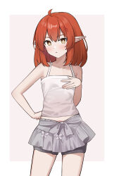 Rule 34 | 1girl, :o, absurdres, ahoge, bare arms, bare shoulders, brown eyes, camisole, collarbone, commentary request, grey shorts, grey skirt, hair ornament, hairclip, hand up, helck, highres, looking at viewer, nagisa (cxcx5235), parted lips, pink background, pleated skirt, pointy ears, red hair, short shorts, shorts, shorts under skirt, skirt, solo, two-tone background, vermilio (helck), white background, white camisole