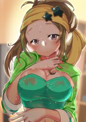 Rule 34 | 1girl, absurdres, blurry, blurry background, blush, breasts, brown hair, check commentary, collarbone, commentary, commentary request, green jacket, hand on own chest, head tilt, heart, heart-shaped pupils, highres, idolmaster, idolmaster cinderella girls, jacket, kurushima gire, large breasts, looking at viewer, manabe itsuki, midriff peek, nervous sweating, open clothes, open jacket, parted lips, purple eyes, see-through, sweat, sweaty clothes, symbol-shaped pupils, upper body, very sweaty, wet, wet clothes, wet hair