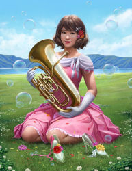 Rule 34 | 1girl, beads, blue sky, brown eyes, brown hair, cloud, derivative work, dress, euphonium, flower, frilled dress, frills, full body, glass slipper, gloves, grass, hair beads, hair flower, hair ornament, hibike! euphonium, highres, instrument, lake, mountain, oumae kumiko, pink dress, realistic, red lips, sky, smile, solo, triximity, white gloves