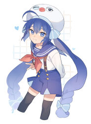 Rule 34 | 1girl, ahoge, alternate costume, arm behind back, black socks, blue bow, blue eyes, blue hair, blue sailor collar, blue shorts, bow, braid, closed mouth, cropped legs, hair between eyes, hair bow, hat, heart, high-waist shorts, highres, kneehighs, light smile, long hair, looking at viewer, neckerchief, otomachi una, red neckerchief, sailor collar, shorts, socks, solo, suiso sn3, suspenders, v, vocaloid, white background, white hat, white trim