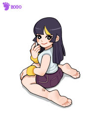Rule 34 | 1girl, barefoot, black eyes, black hair, bogo, closed mouth, feet, female focus, full body, hand up, long hair, looking at viewer, multicolored hair, original, purple shorts, shorts, simple background, sitting, smile, soles, solo, streaked hair, tank top, toes, wariza, white background