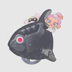 Rule 34 | 1girl, agent 8 (splatoon), drone, fang, fish, fish skeleton, grey background, grey eyes, jelleton, nintendo, non-humanoid robot, octoling, octoling girl, octoling player character, open mouth, panicking alla mambo, pearl drone (splatoon), pink hair, red eyes, robot, s mame 31, short hair, simple background, smile, splatoon (series), splatoon 3, splatoon 3: side order, tentacle hair, thick eyebrows, v-shaped eyebrows