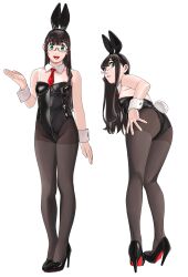 Rule 34 | 1girl, absurdres, animal ears, black footwear, black hair, black leotard, black pantyhose, bow, bowtie, breasts, detached collar, full body, glasses, green eyes, highres, kantai collection, leaning forward, leotard, long hair, looking at viewer, looking back, multiple views, necktie, ojipon, ooyodo (kancolle), pantyhose, playboy bunny, rabbit ears, red necktie, small breasts, smile, standing, strap, translation request, waving, wrist cuffs