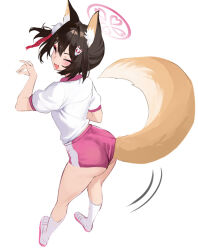 Rule 34 | 1girl, animal ears, blue archive, brown hair, buruma, closed eyes, commentary, eyeliner, fang, fox ears, fox girl, fox hair ornament, fox shadow puppet, fox tail, gym shirt, gym uniform, hair ornament, hairclip, halo, izuna (blue archive), open mouth, red buruma, red eyeliner, shirt, short hair, skin fang, smile, solo, stone (ksorede), symbol-only commentary, tail, white shirt