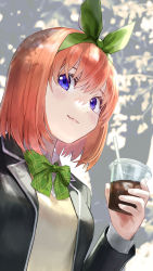 Rule 34 | 1girl, absurdres, black jacket, blazer, blue eyes, blush, bow, bowtie, closed mouth, commentary request, cup, disposable cup, drink, eyebrows hidden by hair, go-toubun no hanayome, green bow, green bowtie, green ribbon, hair between eyes, hair ribbon, highres, holding, holding cup, holding drink, ishiyuki, jacket, long sleeves, looking at viewer, medium hair, nakano yotsuba, open clothes, open jacket, orange hair, plaid, plaid bow, plaid bowtie, ribbon, school uniform, shirt, smile, solo, sweater vest, upper body, vest, white shirt, yellow vest