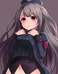 Rule 34 | 1girl, :o, armband, black hat, black shirt, blue dress, blush, clothes lift, dress, dress lift, grey hair, hat, highres, lifting person, long hair, long sleeves, minai karte, navel, neit ni sei, open mouth, out-of-frame censoring, pink eyes, ringed eyes, shirt, simple background, solo, two side up, upper body, very long hair, virtual youtuber