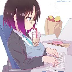 Rule 34 | 1girl, blue eyes, breasts, bubble tea, bubble tea challenge, chair, convenient breasts, cup, disposable cup, doughnut, drinking, drinking straw, drinking straw in mouth, duplicate, elma (maidragon), food, from side, glasses, gradient hair, keyboard (computer), kobayashi-san chi no maidragon, large breasts, long sleeves, mouse (computer), multicolored hair, necktie, office chair, on chair, pixel-perfect duplicate, simple background, sitting, solo, sweet potato, swivel chair, twitter username, typing, upper body, white background, yonezawa mao