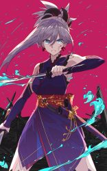 Rule 34 | 1girl, absurdres, arm warmers, blood, blood on face, blue eyes, bright pupils, cowboy shot, dual wielding, earrings, fate/grand order, fate (series), glaring, grey hair, hair between eyes, hair ornament, highres, holding, japanese clothes, jewelry, katana, long hair, looking at viewer, miyamoto musashi (fate), miyamoto musashi (first ascension) (fate), pink background, ponytail, scabbard, serious, sheath, simple background, solo, standing, sword, weapon, xtango