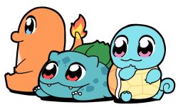 :3 bkub blue_eyes bulbasaur charmander chibi chibi_only claws closed_mouth commentary_request creatures_(company) fangs fangs_out fire flame-tipped_tail game_freak gen_1_pokemon lying nintendo no_humans on_stomach pink_eyes pokemon pokemon_(creature) pokemon_focus red_eyes simple_background sitting squirtle starter_pokemon_trio turtle white_background