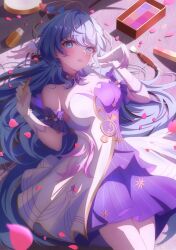 Rule 34 | 1girl, absurdres, bare shoulders, blue eyes, blue hair, choker, commentary request, cosmetics, cowboy shot, detached sleeves, dress, duplicate, euzh266, hands up, highres, holding, holding lipstick tube, honkai: star rail, honkai (series), lipstick tube, long hair, looking at viewer, lying, on back, parted lips, pixel-perfect duplicate, purple choker, robin (honkai: star rail), short sleeves, solo, strapless, strapless dress, very long hair, white dress