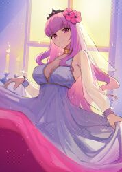 Rule 34 | 1girl, armpits, blunt bangs, breasts, bridal veil, candle, cleavage, commentary, detached sleeves, dress, english commentary, flower, hair flower, hair ornament, halftone, highres, hololive, hololive english, large breasts, long hair, looking at viewer, mori calliope, odivichano, pink eyes, pink hair, see-through, see-through sleeves, sidelocks, smile, sparkle, veil, very long hair, virtual youtuber, wedding, wedding dress, white dress