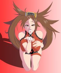 Rule 34 | absurdres, breasts, brown hair, covered erect nipples, cum, facial, guilty gear, hazard sys, highres, kuradoberi jam, large breasts, open mouth