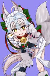 Rule 34 | 1girl, :d, absurdres, ahoge, animal ears, animal hands, bell, bent over, black gloves, black thighhighs, blush, bridal garter, collar, commentary, elbow gloves, fate/grand order, fate (series), fox ears, fox tail, gloves, hand on own knee, headpiece, highres, hitonounti, jeanne d&#039;arc (fate), jeanne d&#039;arc alter santa lily (fate), jingle bell, kemonomimi mode, long hair, looking at viewer, maid headdress, neck bell, open mouth, paw gloves, paw pose, purple background, red collar, simple background, single thighhigh, smile, solo, tail, thighhighs, very long hair, white hair, yellow eyes