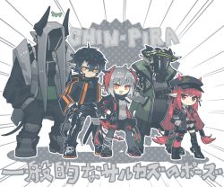 Rule 34 | 1boy, 2girls, 2others, :d, ahoge, ambiguous gender, arknights, asymmetrical legwear, black collar, black footwear, black hair, black headwear, black jacket, black legwear, black pants, black scarf, black shirt, boots, collar, demon boy, demon girl, demon horns, demon tail, emphasis lines, flamebringer (arknights), grey shirt, hair ornament, hairclip, hands in pockets, hat, height difference, horns, horns through headwear, infection monitor (arknights), jacket, long hair, low-tied long hair, low twintails, mask, mismatched legwear, morini ochiteru, multiple girls, multiple others, necktie, open clothes, open jacket, open mouth, orange eyes, pants, pantyhose, pointy ears, red hair, red legwear, red necktie, sarkaz caster (arknights), scarf, shirt, shoes, single horn, single leg pantyhose, single thighhigh, smile, tail, thighhighs, translation request, twintails, v-shaped eyebrows, very long hair, vigna (arknights), w (arknights), white background