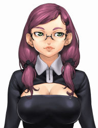 Rule 34 | 1girl, bad id, bad pixiv id, breasts, chyko7080, cleavage, glasses, green eyes, lips, original, purple hair, solo, tsurime, twintails