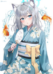 Rule 34 | 1girl, absurdres, animal, animal ear fluff, animal ears, blue archive, blue eyes, blue kimono, blush, cross hair ornament, extra ears, fish, floral print, goldfish, grey hair, hair ornament, hand fan, highres, holding, holding fan, japanese clothes, kim leeyoon, kimono, long sleeves, looking at viewer, medium hair, obi, open mouth, paper fan, print kimono, sash, shiroko (blue archive), simple background, solo, twitter username, uchiwa, water, white background, wide sleeves, wolf ears