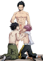 Rule 34 | 3boys, abs, age difference, black hair, blush, boots, cross, erection, fairy tail, family, father and son, fellatio, gray fullbuster, hand on head, handjob, highres, incest, licking, male focus, multiple boys, muscular, natsu dragneel, nude, oral, pectorals, penis, pink hair, scar, scarf, topless male, silver fullbuster, testicles, tongue, undressing, vhazz rhossze, wince, yaoi