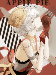 Rule 34 | 1girl, apple, apple pie, butter knife, commentary request, commission, doll joints, dress, food, fork, fruit, highres, joints, knife, lace, lace trim, looking at viewer, original, orniflop, pie, red apple, red ribbon, revision, ribbon, short hair, solo, upper body, white hair, yellow eyes