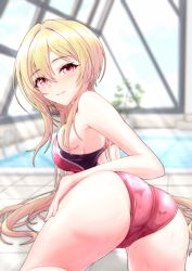Rule 34 | 1girl, ass, ass focus, blonde hair, blurry, blurry background, blush, competition swimsuit, cyde, highres, idolmaster, idolmaster cinderella girls, indoors, kurosaki chitose, looking at viewer, looking back, one-piece swimsuit, pool, red eyes, rei no pool, solo, swimsuit, tile floor, tiles
