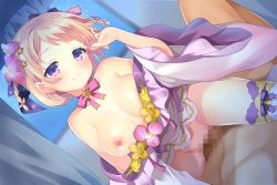 Rule 34 | 1boy, 1girl, blonde hair, braid, breasts, breasts out, censored, choker, closed mouth, clothes pull, cowgirl position, flower, flower knight girl, game cg, german iris (flower knight girl), girl on top, hair flower, hair ornament, hetero, kurot, looking at viewer, medium breasts, mosaic censoring, nipples, official art, pink neckwear, purple eyes, ribbon choker, sex, shiny skin, shirt pull, short hair, smile, spread legs, star (symbol), star choker, straddling, sweat, thighhighs, two side up, vaginal, white thighhighs