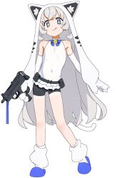 Rule 34 | + +, 1girl, :q, absurdres, animal ears, bare shoulders, bell, belt, belt pouch, black shorts, blue eyes, bow, bowtie, cat ears, cat tail, elbow gloves, flat chest, gloves, grey hair, gun, highres, holding, holding gun, holding weapon, jingle bell, jiryu50610218, long hair, looking at viewer, loose socks, neck bell, original, pouch, shirt, short shorts, shorts, simple background, smile, socks, solo, submachine gun, tail, tongue, tongue out, uzi, very long hair, weapon, white background, white shirt