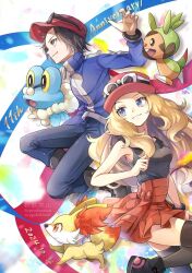 1boy 1girl anniversary bare_shoulders baseball_cap black_shirt blue_jacket body_fur brown_hair calem_(pokemon) chespin creatures_(company) dated eyewear_on_headwear fennekin fox froakie frog game_freak gen_6_pokemon hat high-waist_skirt jacket long_hair nintendo pink_hat pokemon pokemon_xy red_hat red_skirt serena_(pokemon) shirt short_hair skirt sleeveless sleeveless_shirt yellow_fur yomogi_(black-elf)