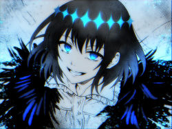 Rule 34 | 1boy, black hair, blue eyes, collared shirt, commentary request, eyebrows hidden by hair, fate/grand order, fate (series), frilled shirt collar, frills, grin, hair between eyes, looking at viewer, male focus, oberon (fate), oberon (third ascension) (fate), shirt, smile, solo, spoilers, tachitsu teto, upper body, white shirt