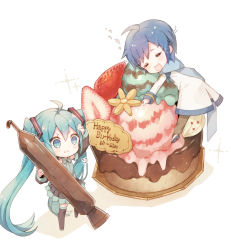 Rule 34 | 1boy, 1girl, puff of air, ahoge, aqua eyes, aqua hair, aqua necktie, bare shoulders, birthday, black skirt, black sleeves, black thighhighs, blue hair, blue scarf, brown pants, cake, chibi, coat, commentary, detached sleeves, food, fruit, fudge, grey shirt, hair ornament, happy birthday, hatsune miku, heart, holding, kaito (vocaloid), long hair, miniskirt, mint chocolate, mint chocolate chip, necktie, niwako, hugging object, open mouth, pants, pleated skirt, scarf, shirt, simple background, skirt, sleeveless, sleeveless shirt, smile, strawberry, thighhighs, twintails, very long hair, vocaloid, white background, white coat, wiping forehead, zettai ryouiki