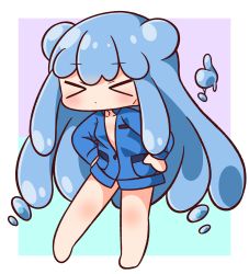 Rule 34 | 1girl, bare shoulders, blue hair, blue shirt, blush, chibi, closed eyes, closed mouth, collarbone, collared shirt, commentary request, dress shirt, facing away, full body, half slime-chan, hana kazari, hands on own hips, highres, long hair, monster girl, original, revision, shirt, slime girl, solo, very long hair