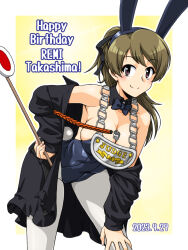 Rule 34 | 1girl, animal ears, black bow, black bowtie, black leotard, blush, bow, bowtie, breasts, brown eyes, brown hair, cleavage, closed mouth, dated, fake animal ears, fake tail, girls und panzer, hair ribbon, happy birthday, highres, large breasts, leotard, long hair, looking at viewer, oosaka kanagawa, pantyhose, playboy bunny, ponytail, rabbit ears, rabbit tail, ribbon, simple background, smile, solo, tail, takashima remi, whistle, white pantyhose