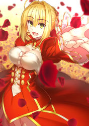 Rule 34 | 10s, 1girl, :d, ahoge, blonde hair, braid, braided bun, breasts, cleavage, corset, fate/extra, fate (series), green eyes, hair between eyes, hair bun, kotera ryou, long sleeves, looking at viewer, medium breasts, nero claudius (fate), nero claudius (fate) (all), nero claudius (fate/extra), open mouth, outstretched arm, red petals, red skirt, red sleeves, short hair, shrug (clothing), skirt, smile, solo