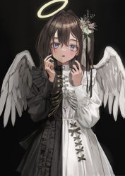 Rule 34 | 1girl, :o, absurdres, angel (nadegata), angel wings, black background, black dress, black hair, blush, contrast, demon wings, dress, feathered wings, frilled dress, frills, gishiki (gshk), gothic lolita, halo, hands up, highres, lolita fashion, long sleeves, original, puffy long sleeves, puffy sleeves, purple eyes, simple background, solo, symmetry, white dress, wings