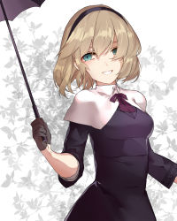 Rule 34 | 1girl, :d, alice margatroid, alternate costume, aqua eyes, black dress, black gloves, blonde hair, bow, breasts, cape, dress, gloves, hair between eyes, hairband, holding, holding umbrella, looking at viewer, open mouth, reeh (yukuri130), short hair, sleeves past elbows, smile, solo, touhou, umbrella, upper body, white background