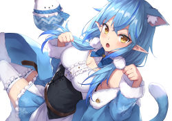 Rule 34 | 1girl, :o, absurdres, animal, animal ear fluff, animal ears, bear, blue hair, blue skirt, blush, breasts, brown eyes, cat ears, cat girl, cat tail, center frills, cleavage, cleavage cutout, clothing cutout, commentary request, daifuku (yukihana lamy), fang, frilled skirt, frilled thighhighs, frills, fur-trimmed sleeves, fur trim, hair between eyes, hands up, highres, hololive, long hair, long sleeves, looking at viewer, looking to the side, masaki (msk064), medium breasts, multicolored hair, open mouth, pleated skirt, pointy ears, polar bear, ribbon-trimmed legwear, ribbon trim, shirt, skirt, solo, streaked hair, tail, thighhighs, virtual youtuber, white shirt, white thighhighs, yukihana lamy