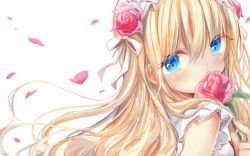 Rule 34 | 1girl, bare shoulders, blonde hair, blue eyes, blush, commentary request, covered mouth, dress, floating hair, flower, flower over mouth, from behind, hair between eyes, hair flower, hair ornament, hair ribbon, hand up, highres, holding, holding flower, kohaku muro, long hair, looking at viewer, looking back, original, petals, red flower, red rose, ribbon, rose, simple background, sleeveless, sleeveless dress, solo, upper body, white background, white dress, white ribbon