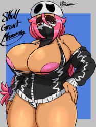 Rule 34 | 1girl, areola slip, bandana, bandana over mouth, bare shoulders, bikini, breasts, cleavage, creatures (company), dark-skinned female, dark skin, female focus, game freak, goth fashion, hat, highres, huge breasts, jacket, jyto, large areolae, long hair, looking at viewer, makeup, mask, mature female, nintendo, pink eyes, pink hair, plump, pokemon, pokemon sm, solo, swimsuit, tan, team skull, team skull grunt, thick thighs, thighs, very long hair