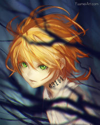 Rule 34 | 1girl, blouse, blurry, blurry foreground, closed mouth, commentary, emma (yakusoku no neverland), english commentary, eyes visible through hair, green eyes, hair between eyes, highres, looking at viewer, neck tattoo, number tattoo, orange hair, shirt, short hair, simple background, solo, tattoo, third-party source, watermark, web address, white shirt, yakusoku no neverland, yuumei